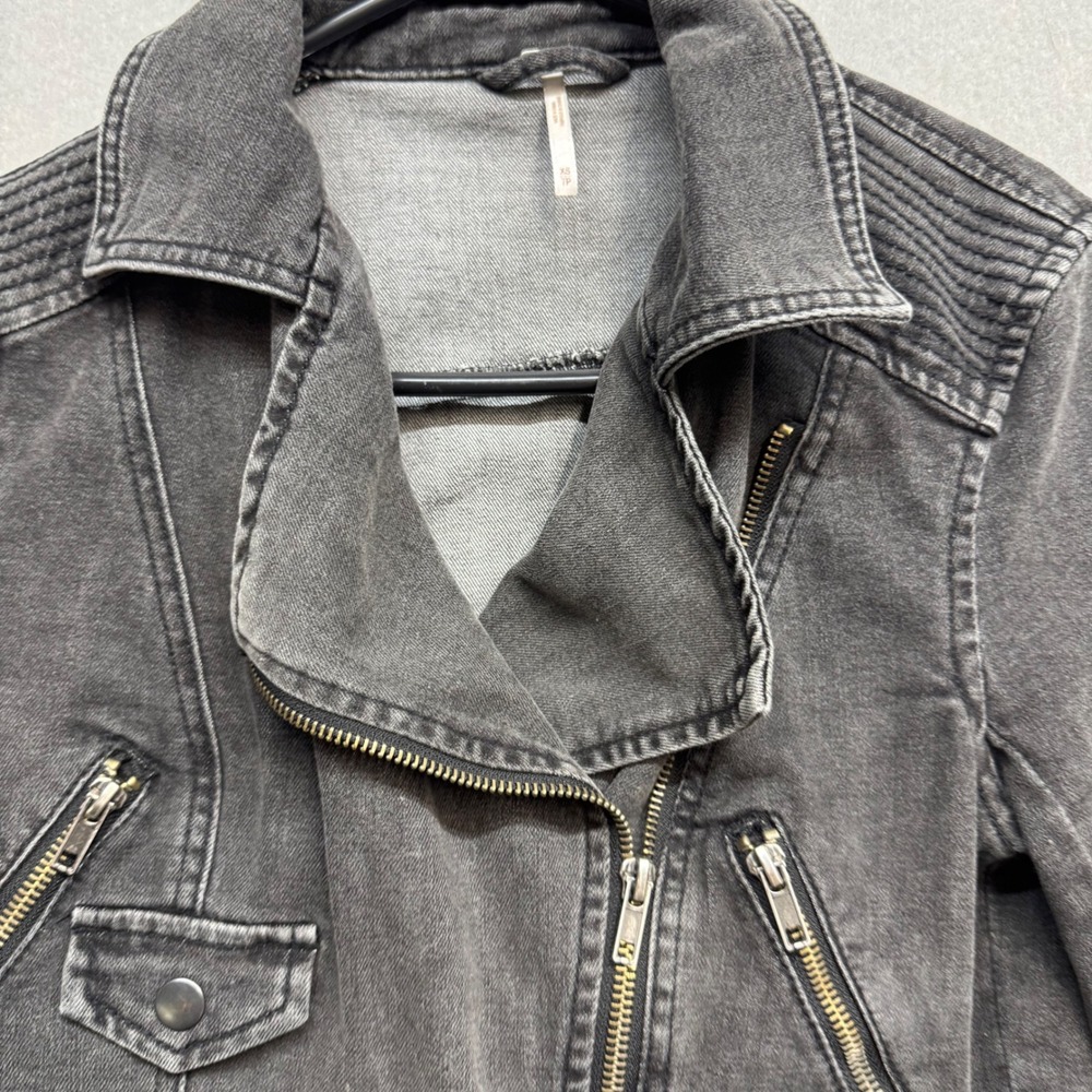 Free People Womens XS Black Denim Moto Jacket Cropped Biker Asymmetrical Zip - Picture 7 of 11